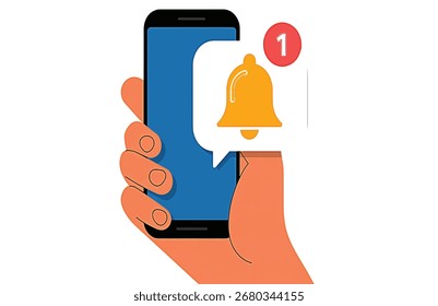 Una mano sostiene un teléfono inteligente que muestra una burbuja de notificación con un icono de campana y un recuento de uno, lo que significa una nueva alerta.