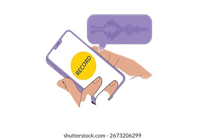 A hand holds a smartphone displaying a RECORD button and a speech bubble containing a sound wave graphic.