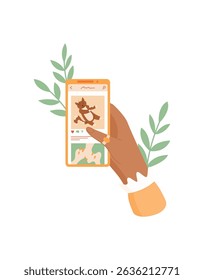 A hand holds a smartphone displaying a social media app. A person uses their mobile device to engage with digital media. The smartphone screen shows content from the application, flat style, perfect