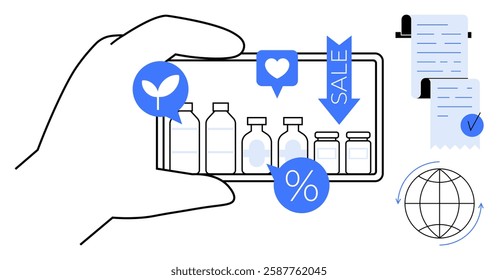 A hand holds a smartphone displaying various product bottles with icons representing sales, likes, and eco-friendliness. Documents and a globe suggest online transactions and global reach. Ideal for