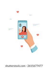 Hand holds a smartphone displaying video chat interface. User engages in real communication using mobile technology. Person interacts with the touchscreen, showcasing social connection, flat design