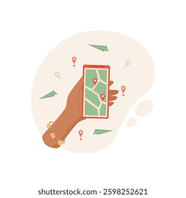 A hand holds a smartphone displaying a vivid map. A user interacts with mobile application for navigation. This image captures technology use in modern life, showcasing digital communication.