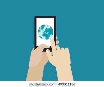 Hand holds smartphone with Earth icon on smartphone screen.
global, geography app. finger touches screen.
flat design concept for web banners. vector illustration  icon modern
infographics.
