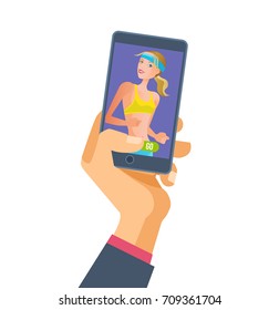 Hand holds the smartphone. Fitness application on the phone with a touch screen. Control and management of sports and tracking results. Mobile applications. Vector illustration isolated. svg