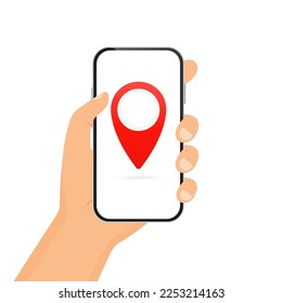 A hand holds a smartphone. GPS navigation on a smartphone. Track location. Concept of mobile navigation. Modern simple flat design for web banners, websites, infographics. Vector illustration