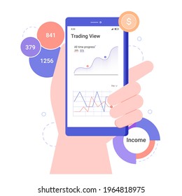 Hand holds a smartphone with graphs and financial data. Trading review, investment, stock trading on the stock exchange. Vector flat illustration.