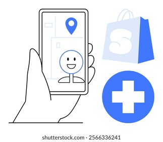 A hand holds a smartphone with a happy face and location icon. Symbols of a shopping bag and medical cross are next to the phone. Ideal for navigation, online shopping, healthcare, technology