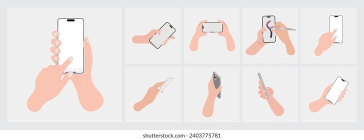 Hand holds smartphone in horizontal and vertical orientations collection, displaying a blank screen. Finger touches the white screen, operating the device.