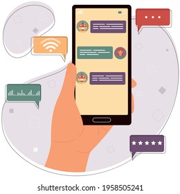 Hand holds a smartphone with an illustration of a chat bot dialogue with a person. Robot assistant, online customer support, artificial intelligence. Modern vector illustration