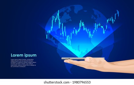 Hand holds a smartphone with the image of a candle stock market chart, in the background a candlestick stock chart and an abstract map of the world. Vector illustration