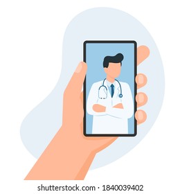 Hand holds a smartphone with the image of doctor on screen. Person videochatting with doctor on mobile phone. Vector illustration.