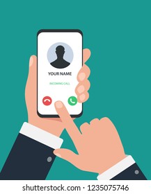  The hand holds the smartphone incoming call on screen. Incoming call on smartphone screen. Calling service. Flat design vector illustration