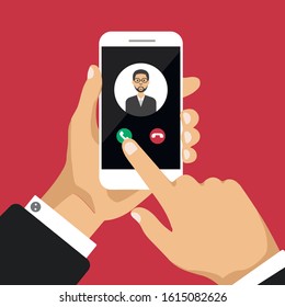 Hand holds smartphone with incoming call on a screen. Calling service concept. Vector modern illustration for web banners, websites, infographics.