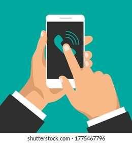 Hand holds smartphone with incoming call on a screen. Calling service concept. Answer the call. Vector modern illustration for web banners, websites, infographics.