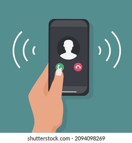 A hand holds a smartphone with an incoming call. Portrait of a person from contacts on the phone screen. Mobile applications and Internet technology. Vector flat illustration.
