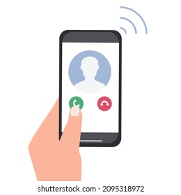 A hand holds a smartphone with an incoming call. Portrait of a person from contacts on the phone screen. Mobile applications and Internet technology. Vector flat illustration.