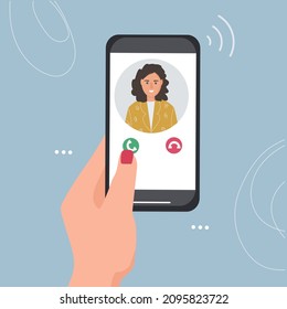 A hand holds a smartphone with an incoming call. Portrait of a person from contacts on the phone screen. Mobile applications and Internet technology. Vector flat illustration.