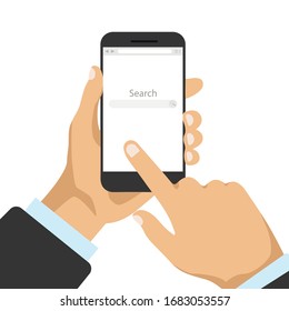 Mano sostiene smartphone con ventana de navegador de Internet en una pantalla. Plantilla en blanco del explorador Web en un estilo plano.  Ilustración vectorial aislada en fondo blanco.