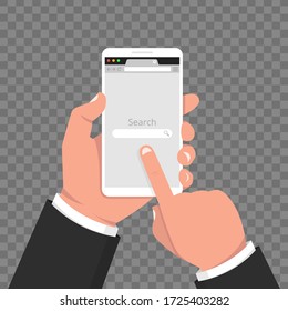Hand mantiene el smartphone con la ventana del navegador de Internet en una pantalla. Plantilla en blanco del explorador Web en un estilo plano. Ilustración vectorial.