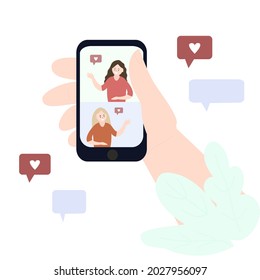 Hand holds a smartphone. Live chat screen, people's faces.