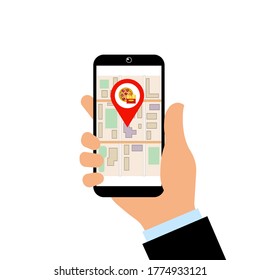 hand holds a smartphone with a map of the city on the screen, a search app, a sign of the location of pizza cooking. vector illustration. 