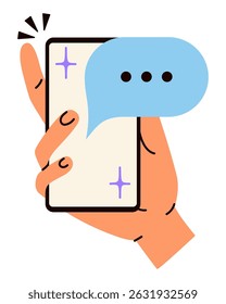 Hand holds smartphone with message notifications sign. Communication concept. Cartoon isolated vector illustration.