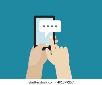 Hand holds smartphone.
message on smartphone screen.
finger touches screen instant messaging. Chat icon.
flat design concept for web banners. vector illustration modern