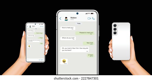 Hand holds the smartphone with messenger application. Flat vector modern phone mock-up illustration.