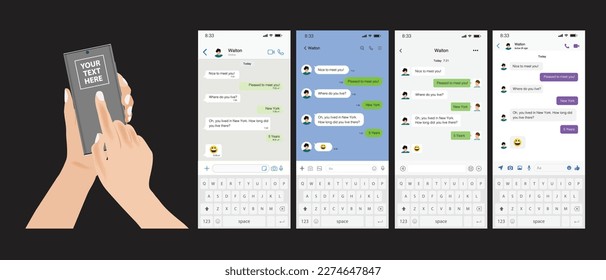 Hand holds the smartphone with messenger application. Messenger UI collection. Flat vector modern phone mock-up illustration.
