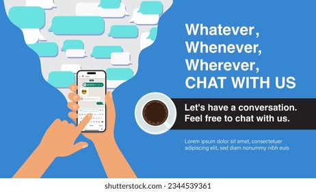 Hand holds the smartphone with messenger application. Instant communication with Smartphone Chat, Smart phone Messenger App for Instant Dialogue. Mockup with cartoon hand and smart-phone. Vector.