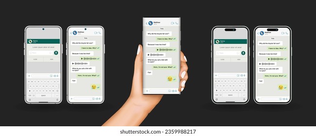 Hand holds the smartphone with messenger application. Flat vector modern phone mock-up illustration.