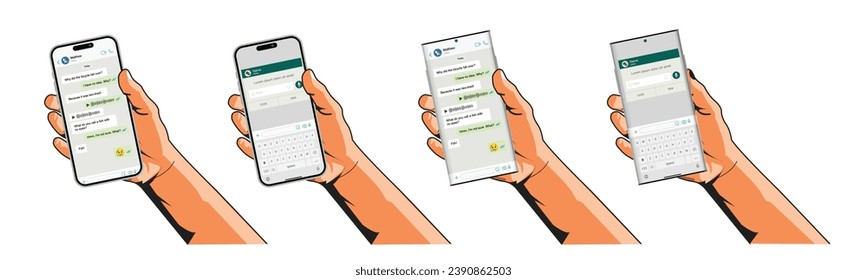 Hand mantiene el smartphone con aplicación de mensajería. Ilustración de imitación de teléfono moderno vector plano.