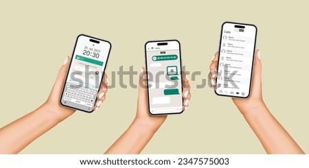 Hand holds the smartphone with messenger application. Instant communication with Smartphone Chat, Smart phone Messenger App for Instant Dialogue. Mockup with cartoon hand and smart-phone. Vector.