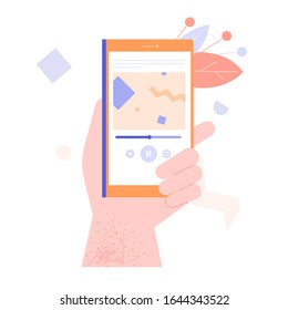 Hand holds smartphone. A mobile application streaming service with music, educational lectures, courses or podcasts. Vector flat illustration.