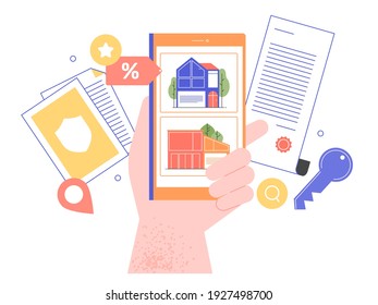 Hand holds a smartphone with a mobile application on the screen with real estate offers. Conclusion of a contract, handover of keys, secure transaction, favorable prices. Vector flat illustration.