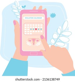 The hand holds a smartphone with a mobile application for women. The concept of planning pregnancy, conception, motherhood. Ovulation date. Menstrual cycle calendar. Illustration of personal hygiene.