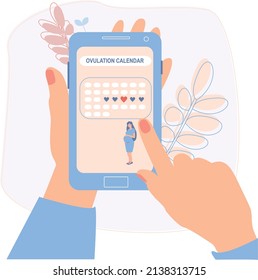 The hand holds a smartphone with a mobile application for women. The concept of planning pregnancy, conception, motherhood. Ovulation date. Menstrual cycle calendar. Illustration of personal hygiene.