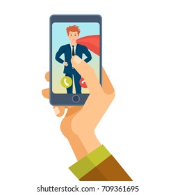 Hand holds smartphone. Mobile application. Communication and dialogue, voice communication on phone, instant messengers, online video call. Call superhero, call for help. Vector illustration isolated.