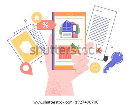 Hand holds a smartphone with a mobile application on the screen with real estate offers. Conclusion of a contract, handover of keys, secure transaction, favorable prices. Vector flat illustration.