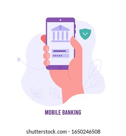 Hand holds smartphone with mobile bank service. Concept of online banking, e-wallet, deposit, cash back. Vector illustration in flat design for UI, web banner, mobile app