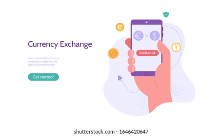 Hand holds smartphone with mobile currency exchange service with coins euro dollar yen. Concept of banking and digital currencies. Vector illustration in flat design for UI, web banner, mobile app