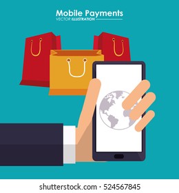 hand holds smartphone mobile payment bags gifts global