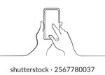 Hand Holds Smartphone Modern Continuous One Line Vector Drawing. Mobile Phone Line Art Simple Illustration. Technology Concept Hand Drawn Outline Silhouette Isolated Minimalistic Illustration. Not AI
