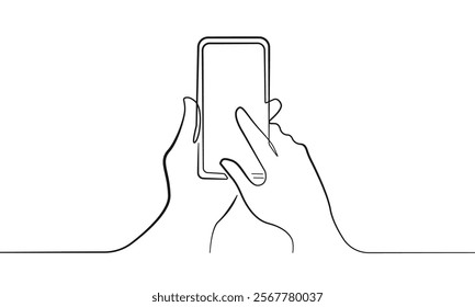 Hand Holds Smartphone Modern Continuous One Line Vector Drawing. Mobile Phone Line Art Simple Illustration. Technology Concept Hand Drawn Outline Silhouette Isolated Minimalistic Illustration. Not AI