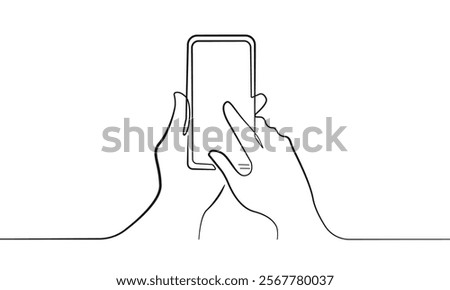 Hand Holds Smartphone Modern Continuous One Line Vector Drawing. Mobile Phone Line Art Simple Illustration. Technology Concept Hand Drawn Outline Silhouette Isolated Minimalistic Illustration. Not AI