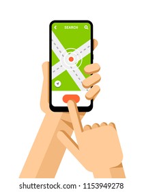 Hand holds the smartphone with navigation application on the screen. Flat vector modern phone mock-up illustration