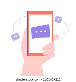 Mano sostiene smartphone. Nuevo mensaje, notificación de una carta entrante, correo electrónico. Chats y comunicación en línea. Ilustración plana vectorial.