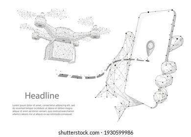 Hand holds a smartphone on the screen watching the delivery tracking. Quadcopter courier. Technology autonomous Delivery shipping by air. Autonomous logistics. on a white background. Vector