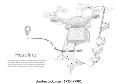 Hand holds a smartphone on the screen watching the delivery tracking. Quadcopter courier. Technology autonomous Delivery shipping by air. Autonomous logistics. on a white background. Vector 