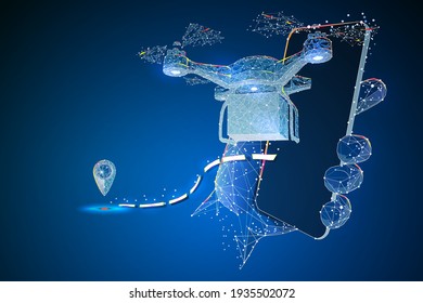 Hand holds a smartphone on the screen watching the delivery tracking. Quadcopter courier. Technology autonomous Delivery shipping by air. Autonomous logistics. on a blue background. Vector 